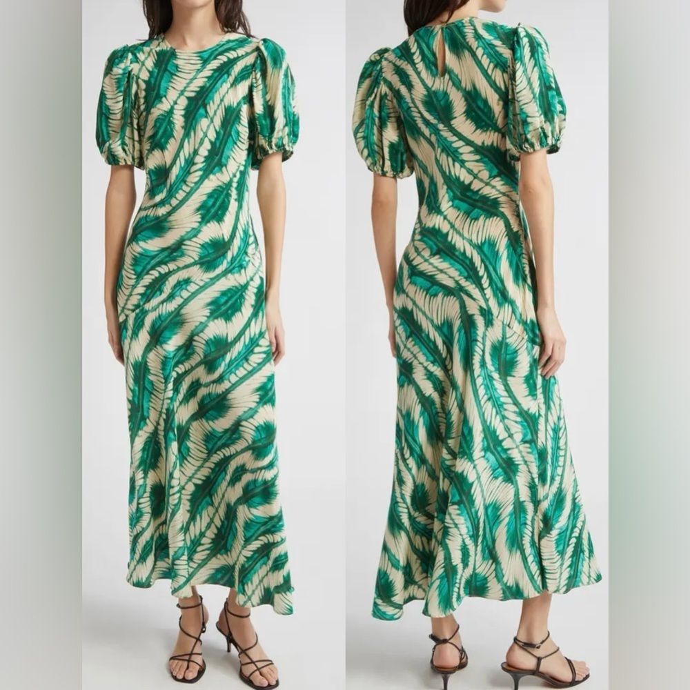 New Ulla Johnson Ines Puff Sleeve Silk Maxi Green Dress Sz 2